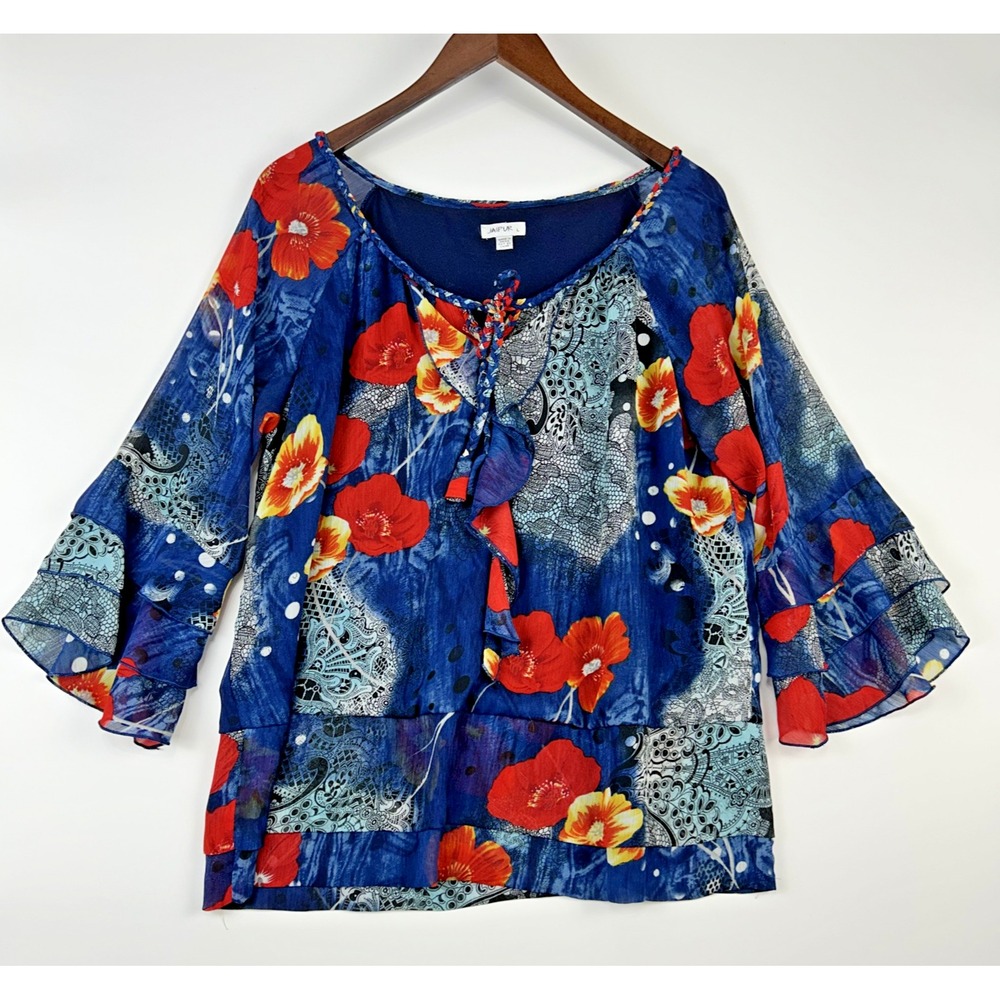 Jaipur Womens Ruffled Boho Top Size L Blue Floral Tiered Braided Mix Print